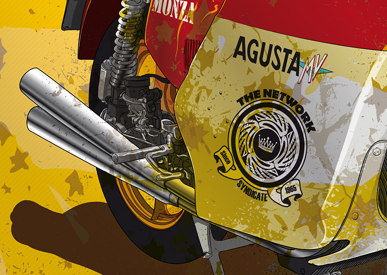 Mónica Vitti y su MV Agusta Monza. Otro detalle de la ilustración para Amazon et Machina