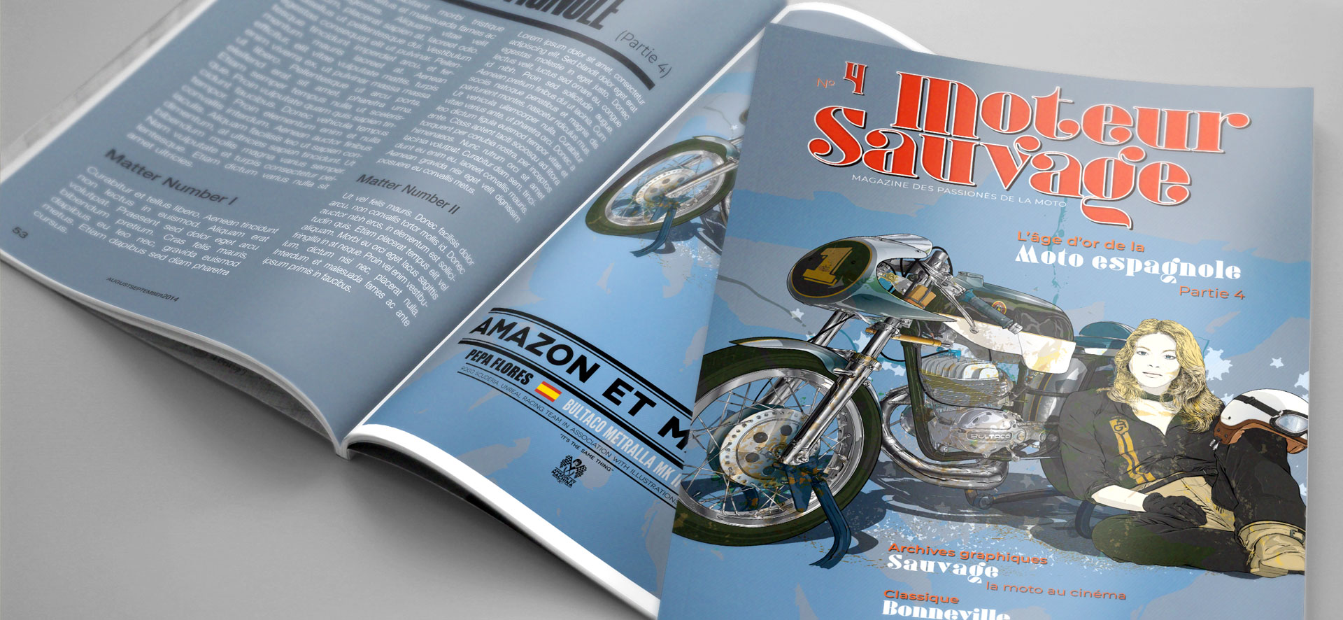 Pepa Flores y su Bultaco Metralla. Ilustración interior y portada magazine.