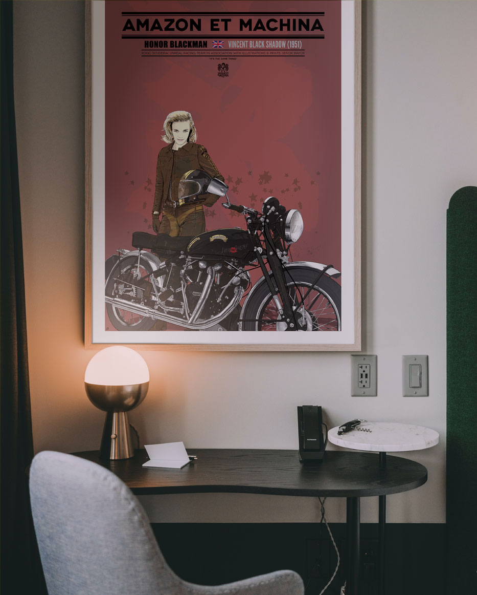 Poster Honor Blackman y su Vincent Black Shadow para decoración de interiores.