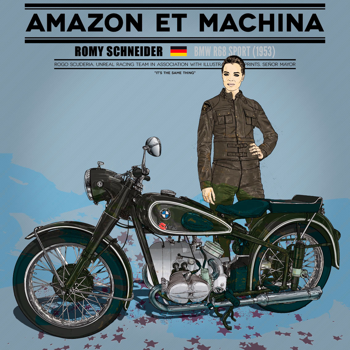 Romy Schneider y su BMW R-68. Ilustración para Amazon et Machina.