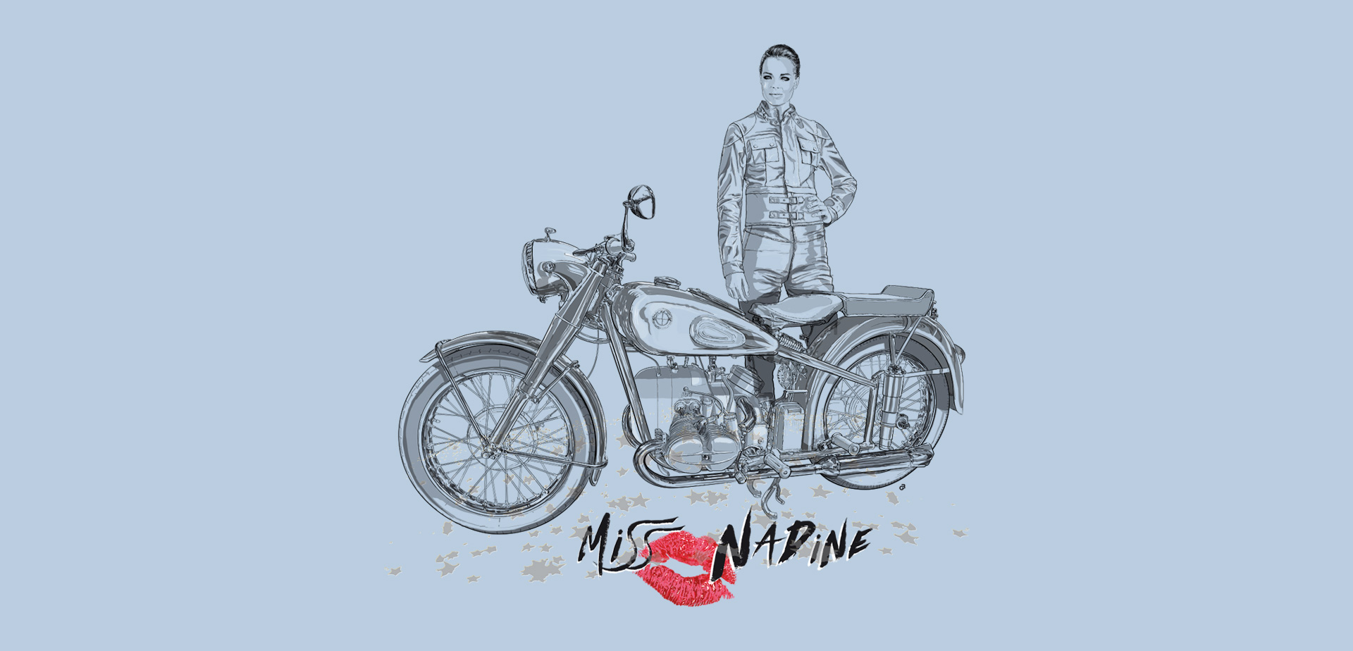 Romy Schneider como Miss Nadine. Logo para el depósito de su moto.