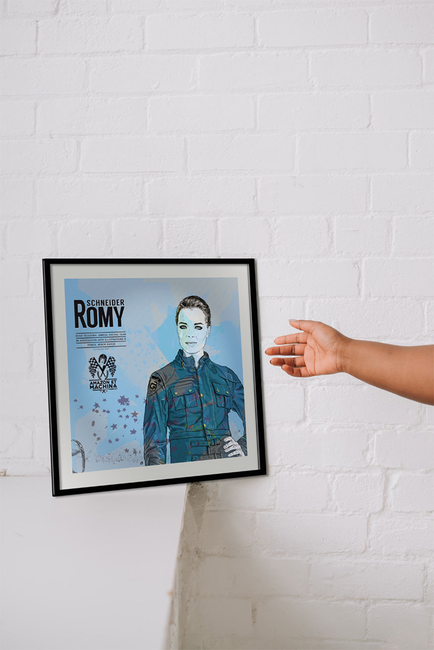 Lámina cuadrada enmarcade del retrato de Romy Schneider.