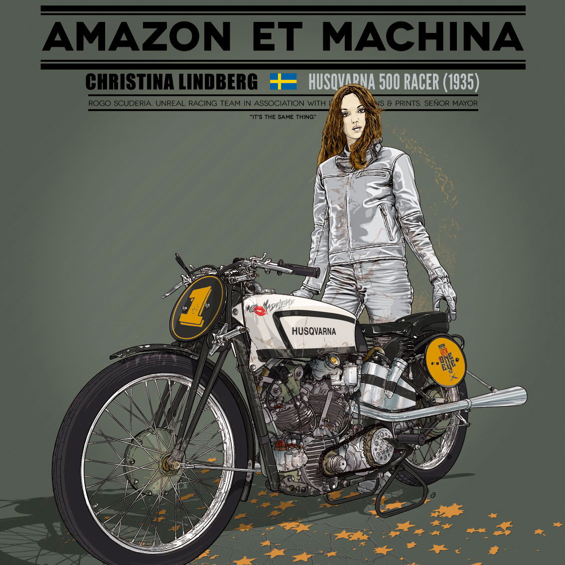 Christina Lindberg y su husqvarna 500 es una ilustración de la serie Amazon et Machina.