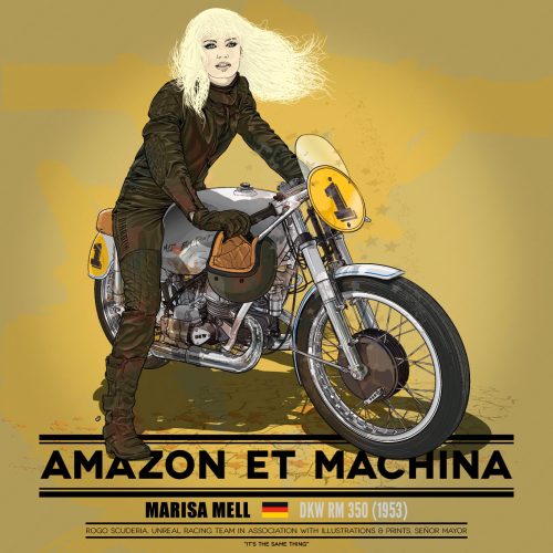 Marisa Mell y su DKW RM 350. Ilustración para la serie Amazon et Machina.
