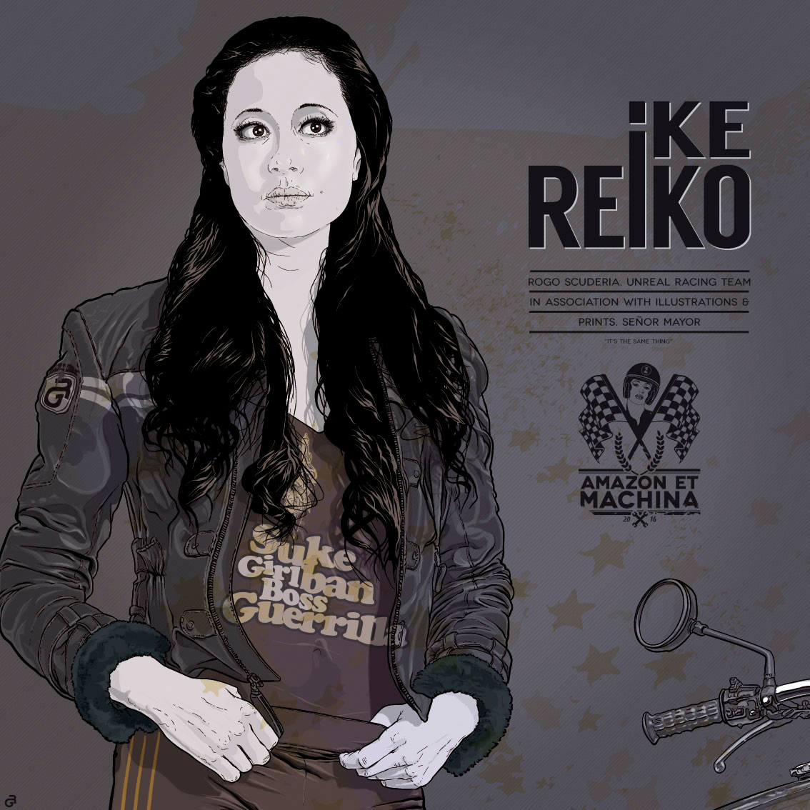 Retrato de Reiko Ike para Amazon et Machina. Reiko Ike y su Kawasaki Z1.